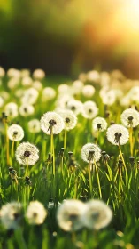 Dandelion seed heads in sunlit green meadow background.