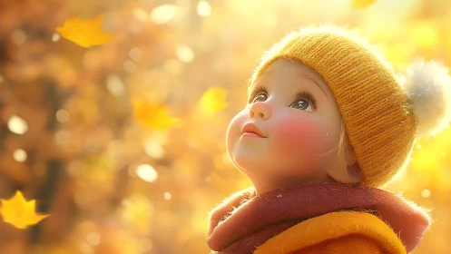 Cozy autumn wonder as a rosy-cheeked child gazes upward.