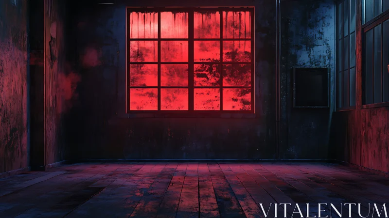 Deserted industrial room under harsh red window glow.