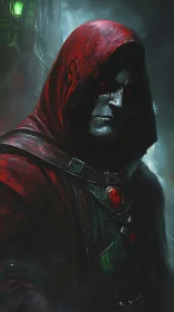 Hooded figure in red cloak with glowing eyes in mist.
