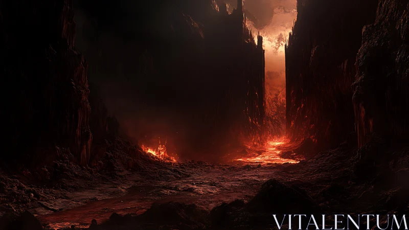 Glowing lava canyon under a brooding, ember-filled sky.