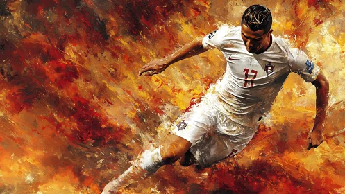 Dynamic soccer player rendered in expressive digital brushwork motion