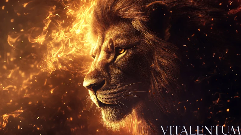 Regal lion profile wreathed in blazing abstract firestorm.