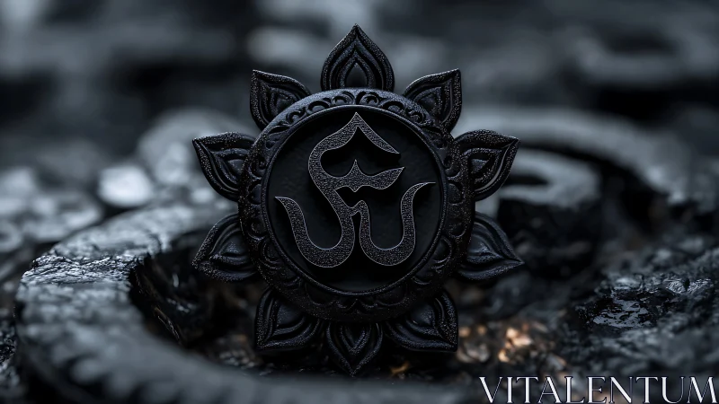 Black circular emblem with stylized glyph rests on textured surface
