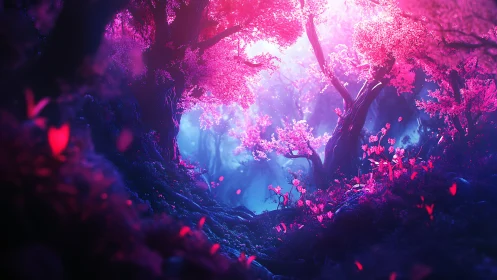 Luminous pink fantasy forest under ethereal blue glow.