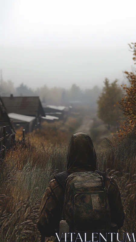 Solitary hooded figure walking through overgrown rural path.