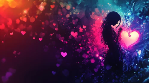 Silhouette Dancing Between Neon Hearts and Cosmic Fire