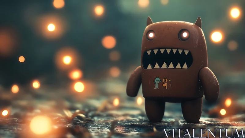 Little dusk monster glowing softly among golden lights.