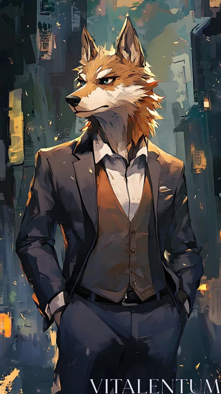 Anthropomorphic wolf executive rendered in urban digital painting