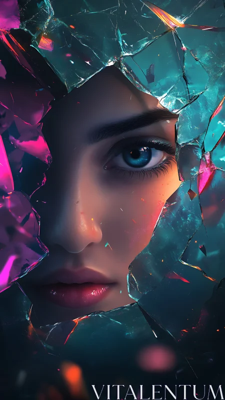 Shattered glass reveals a luminous, hyperreal female gaze.