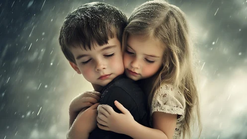 Two Children Sharing a Quiet Moment in the Rain.