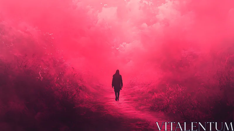 Lone hooded figure walks into glowing crimson dream haze