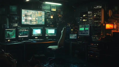 Cyber operations workstation with stacked monitors and racks.
