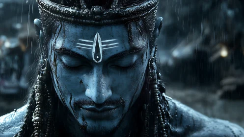 Rain-soaked blue mystic in quiet, meditative stillness.