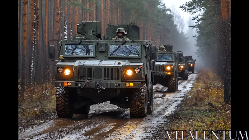 Armored convoy advances through misty forest track under guard.