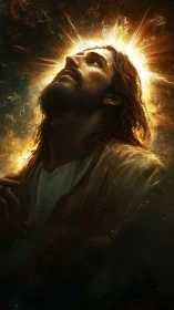 Bearded robed figure with radiant light haloed above head.