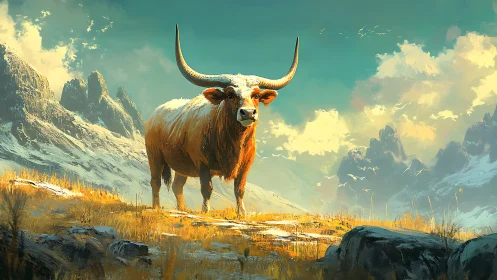 Horned bull standing in vivid mountain valley landscape.