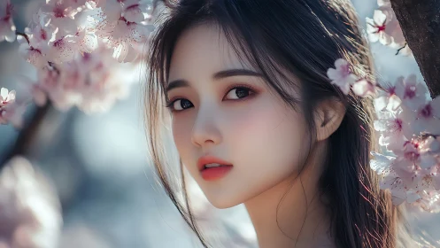 Digital portrait frames serene face amid soft sakura blooms