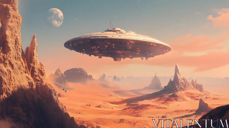 Large circular starship hovers above arid alien canyon