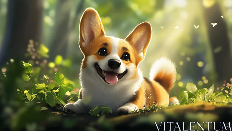 Sunny forest stroll with a bright-eyed corgi friend.