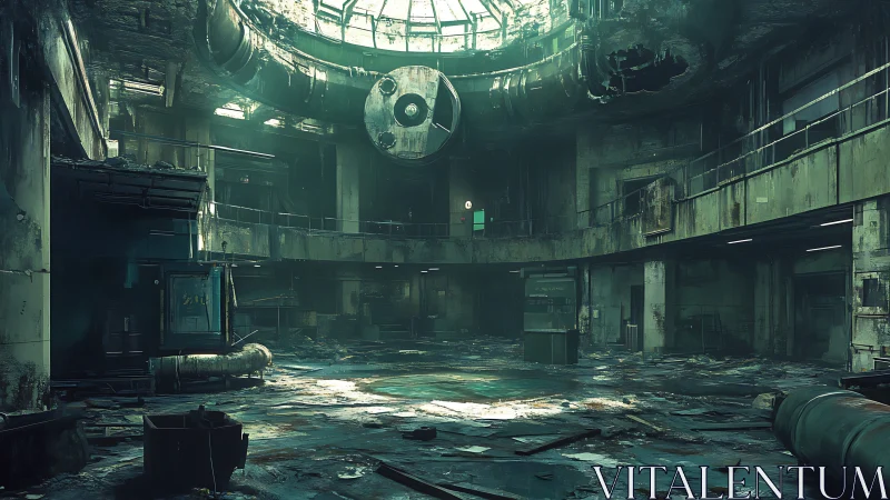 Desolate circular reactor hall under fractured skylight.