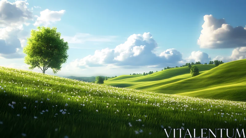 Single tree stands on sunlit grassy hillside under clouds