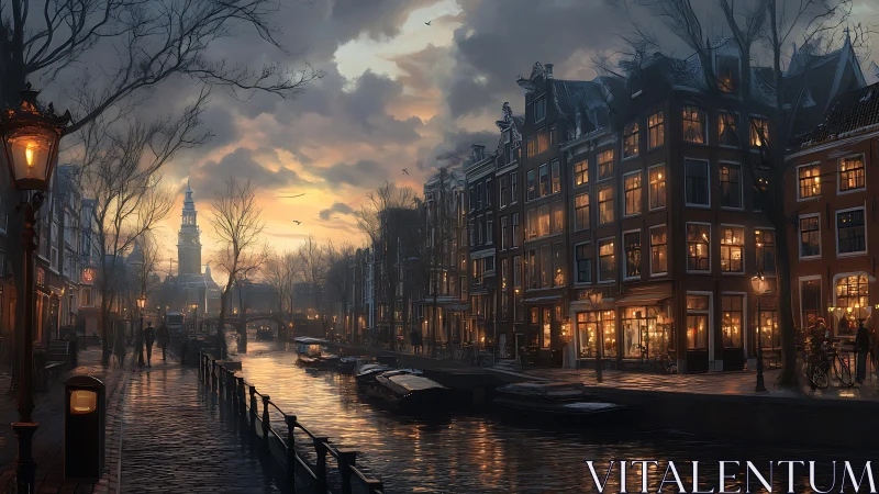 Evening canal street scene shows illuminated riverside buildings