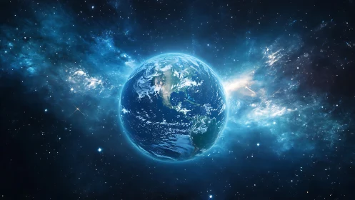 Our blue home glows gently in a star filled cosmos.