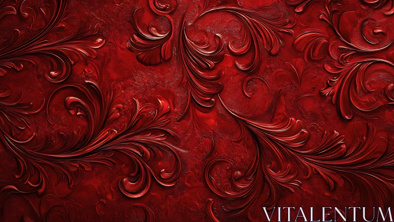 Red embossed baroque floral swirls on textured background