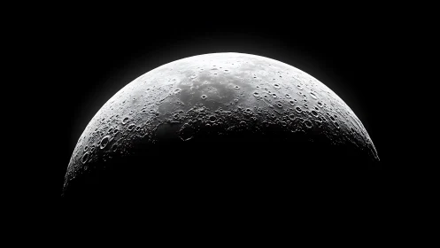 Luminous lunar crescent revealing cratered surface in void.