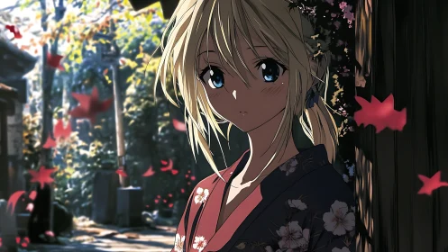 Quiet autumn moment with a thoughtful girl in kimono.