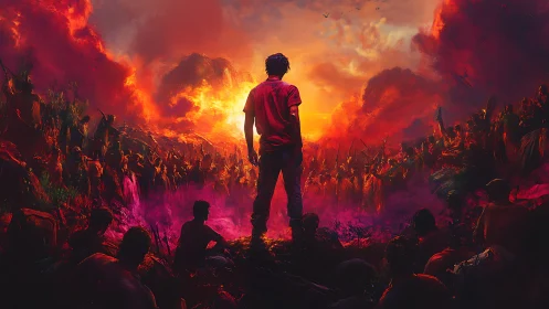 Solitary figure faces large crowd under burning red sky