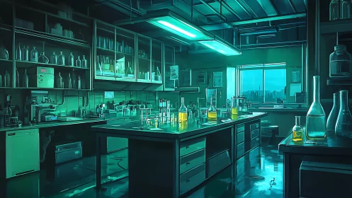 Neon teal chemistry lab interior with luminous glassware.
