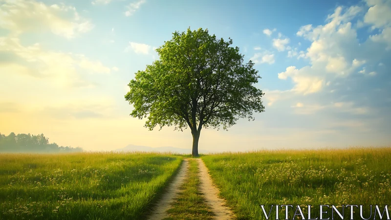 Solitary Tree on Country Path in Serene Morning Landscape.