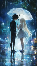 Anime couple under umbrella in rainy neon city night.