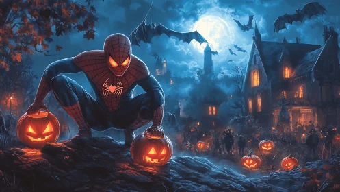 Masked hero crouches amid glowing jack o lanterns at night.