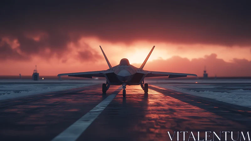 Stealth jet poised on wet runway at burning winter sunset.