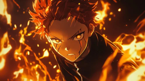Fire-wreathed anime warrior unleashes blazing gaze power.