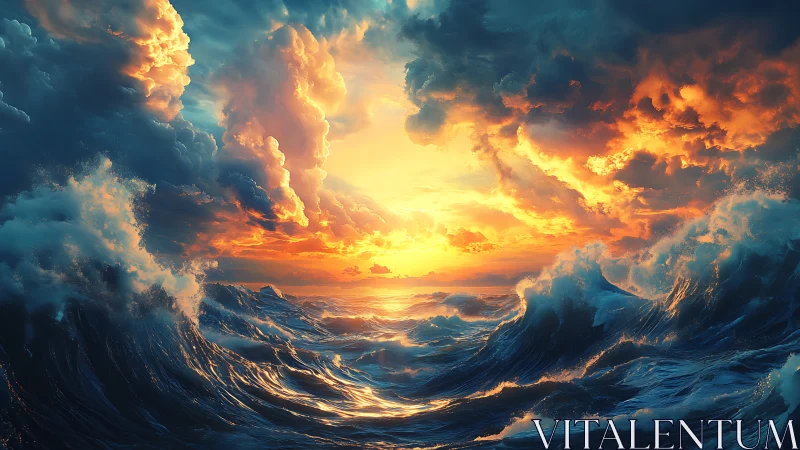 Stormy digital ocean waves frame vivid sunset horizon