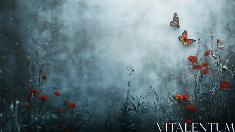 Gentle butterflies dancing above quiet red meadow blooms.