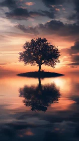 Solitary tree reflected on calm water at sunset.