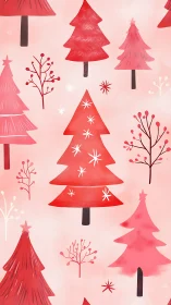 Stylized red Christmas trees with flat shading on soft gradient field