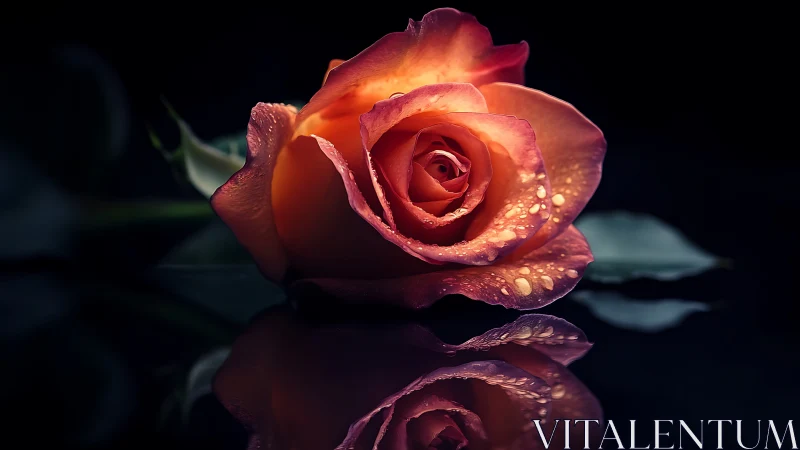 Luminescent rose with dewdrops glowing against darkness.