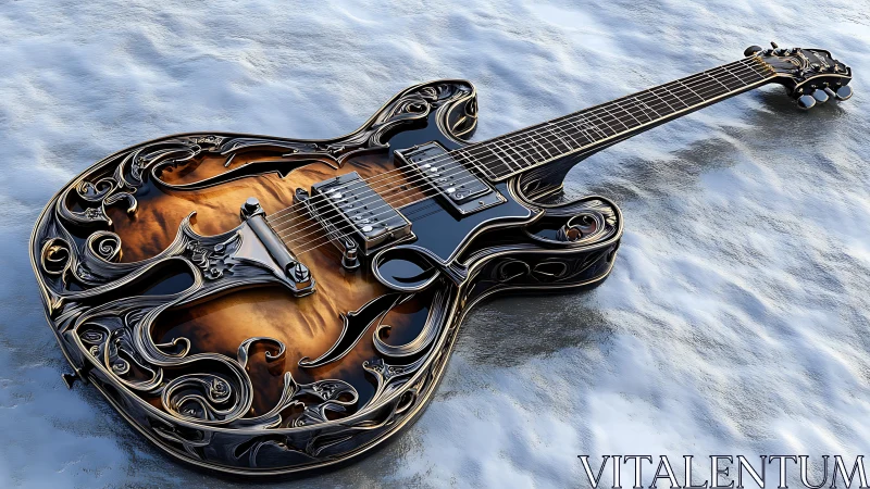 Baroque electric guitar with ornate metallic scrollwork body