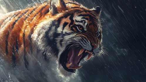 Side profile of roaring tiger in heavy rain conditions.