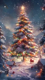 Snow-covered Christmas tree with village and decorations.