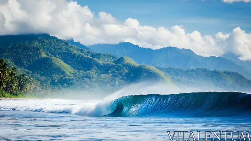 Blue ocean wave curling before lush tropical mountains.
