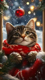 Cozy winter kitten wrapped in a festive red holiday scarf.