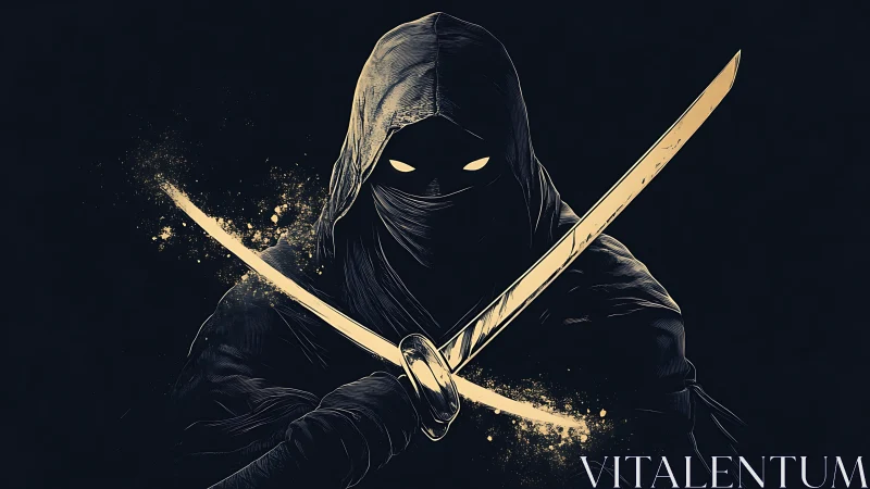 Hooded ninja warrior with crossed glowing katanas poised.
