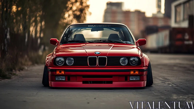 Lowered red BMW coupe on empty industrial roadway.